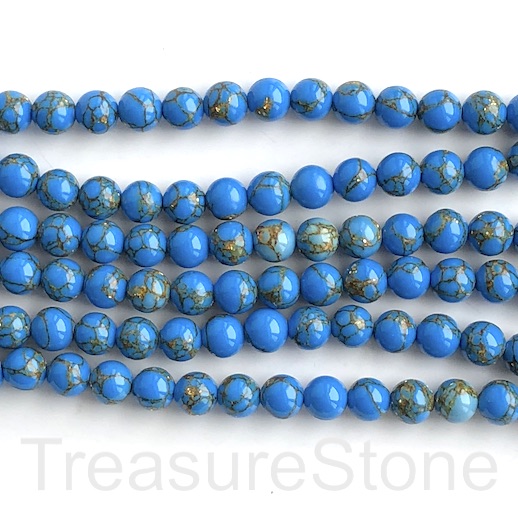 Bead, syn turquoise,8mm round, blue, gold lined. 15", 48