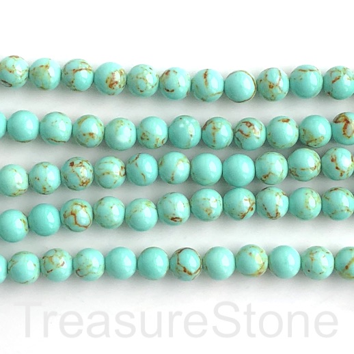 Bead, syn turquoise,8mm round, turquoise, gold lined. 15", 48
