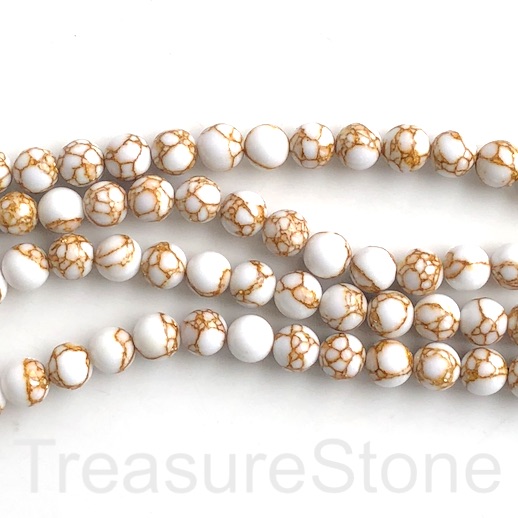 Bead, syn turquoise,8mm round, white, gold lined. 15", 48