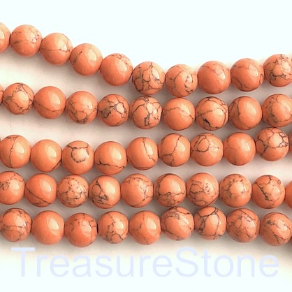 Bead, synthetic turquoise, 8mm round, orange red. 15", 50