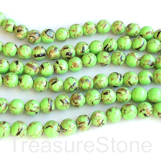 Bead, synthetic stone, 8mm round, apple green, shell. 15", 48