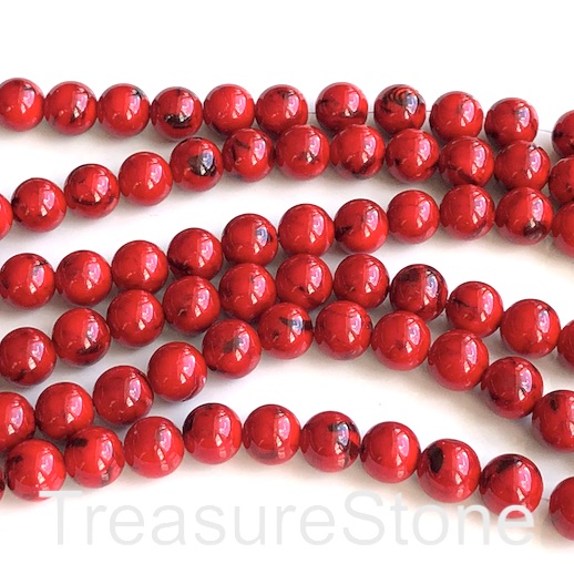 Bead, syn stone, 8mm round, red, shell. 15", 48
