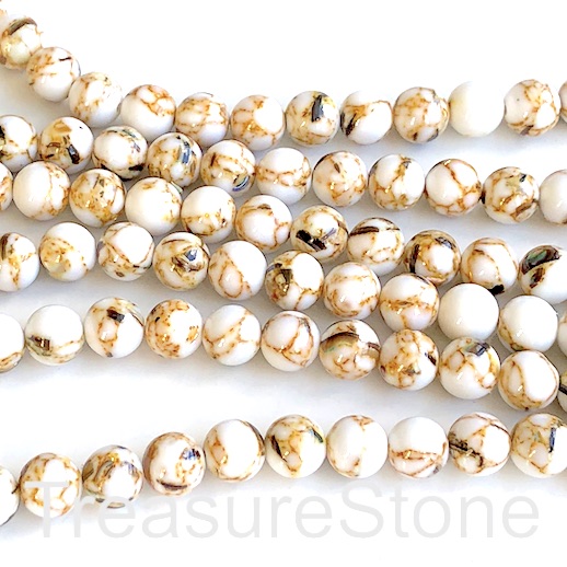 Bead, syn stone, 8mm round, white, shell. 15", 48