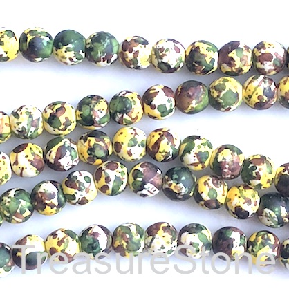 Bead, synthetic turquoise, 8mm round, yellow green brown. 15",50