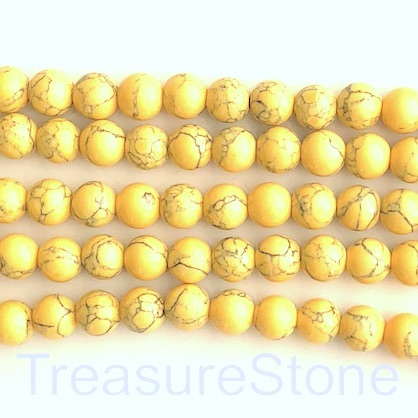 Bead, synthetic turquoise, 8mm round, yellow. 15", 50