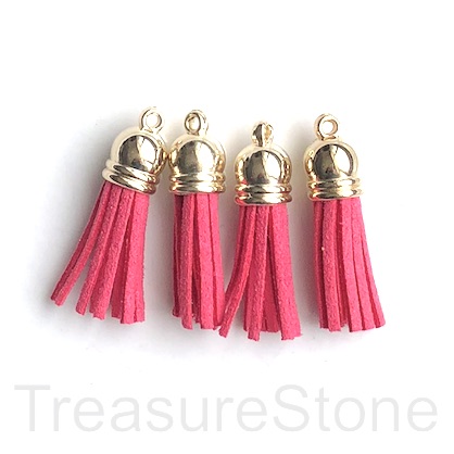 Tassel, faux leather, 10x30mm, bright red, gold top. 4pcs