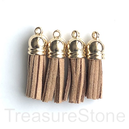 Tassel, faux leather, 10x30mm, brown, gold top. 4pcs