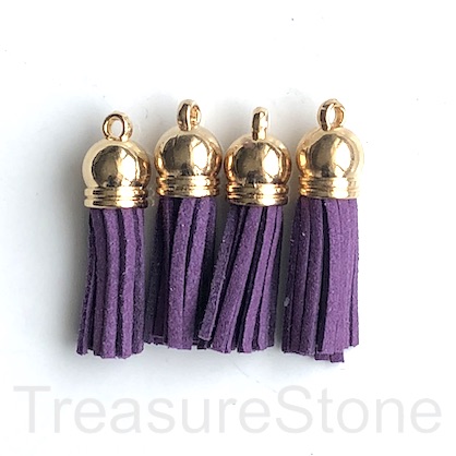 Tassel, faux leather, 10x30mm, dark purple, gold top. 4pcs