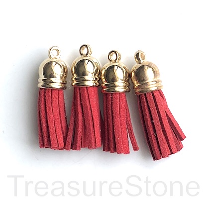 Tassel, faux leather, 10x30mm, red, gold top. Pkg of 4pcs.