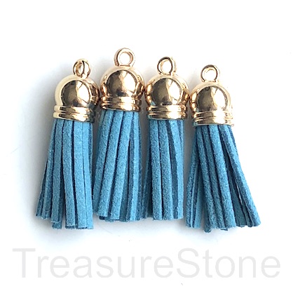 Tassel, faux leather, 10x30mm, turquoise, gold top. 4pcs