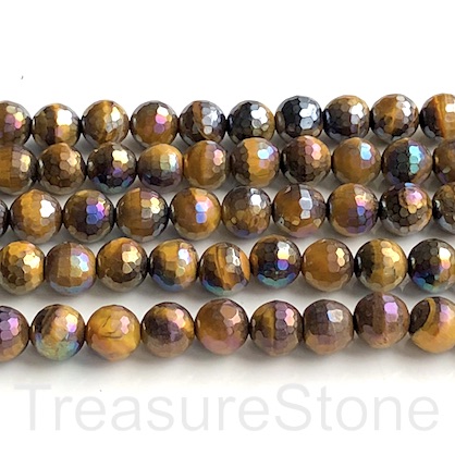 Bead, Tigers eye, 8mm faceted round, AB plated,Grade B.15",46pcs