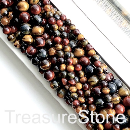 Bead, blue, red, yellow Tiger's Eye, 8mm round. 15.5-inch, 48pcs
