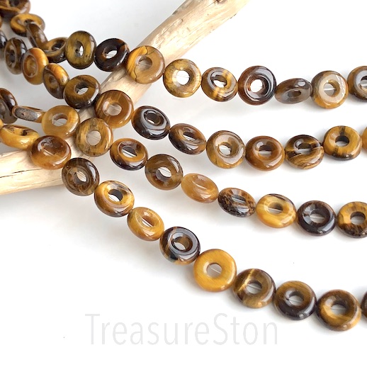 Bead, Tiger's Eye, 10mm round donut. 15-inch strand, 38pcs - Click Image to Close