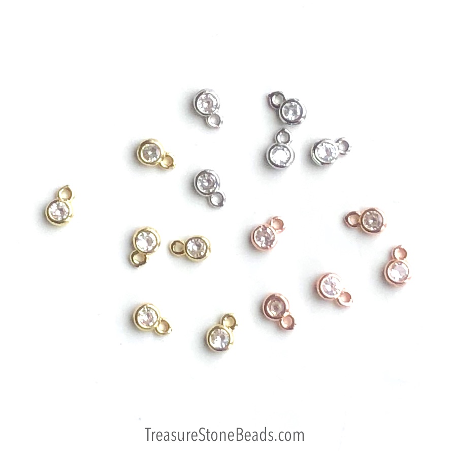 Pave Charm, brass, 4mm round, rose gold, clear CZ. Ea