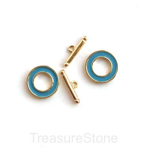 Clasp, Toggle, brass, 18k gold plated, turquoise, 15mm. Ea