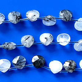 Bead,tourmalinated quartz,10mm faceted puffed teardrop. 16-inch.