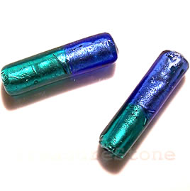 Bead, lampworked glass, blue+green, 9x32mm round tube. Pkg of 4
