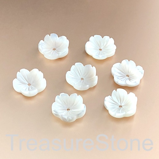 A Bead, button, white shell, MOP, 12mm carved flower 1. each