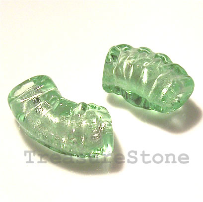 Bead, lampworked glass, green, 11x9x20mm curve. Pkg of 6.
