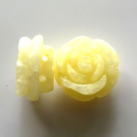 Spacer bead, yellow jade, 19mm hand-carved flower. Each.