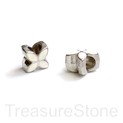 Bead, silver, white, 9mm flower 2, large hole:5mm. pack of 2
