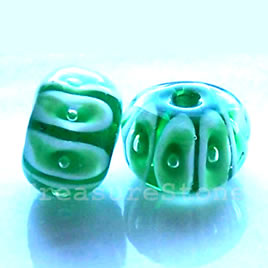 Bead, lampworked glass, green, 12x8 mm rondelle. Pkg of 6