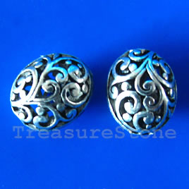 Bead,antiqued silver-finished,10x13x14mm filigree oval. Pkg of 2