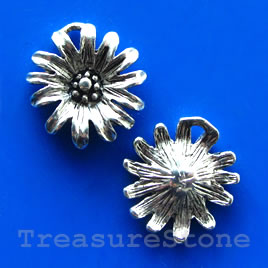 Charm/pendant, silver-plated, 15mm flower. Pkg of 5.