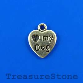 Charm/pendant, 12mm heart "Love my dog". Pkg of 11.