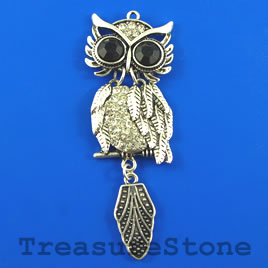 Pendant, silver-finished, 25x68mm owl with crystals. Each.