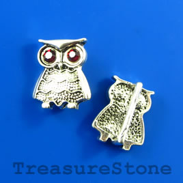 Bead/slider, silver-finished, 15x17 owl with crystals. Pkg of 2