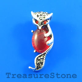 Pendant, pave, pewter, 10x27mm fox, red crystal. Each.