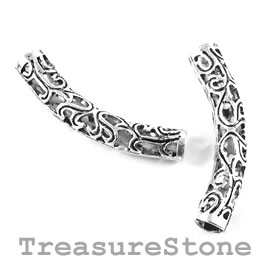 Bead, silver-finished, 38mm filigree curved tube. Pack of 4.