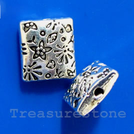 Bead, silver-finished,9x10mm puffed rectangle. Pkg of 10.