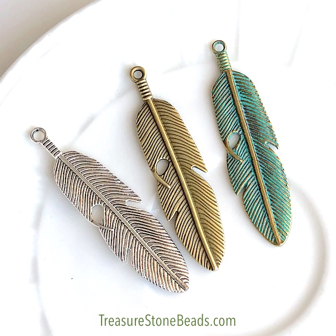 Pendant, brass-finished, patina, 16x58mm feather. each