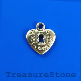 Charm/pendant, 11x12mm heart lock "Made with love". Pkg of 12.