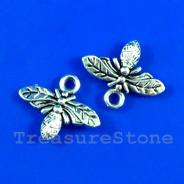 Charm, silver-finished, 10x16mm bee. Pkg of 10