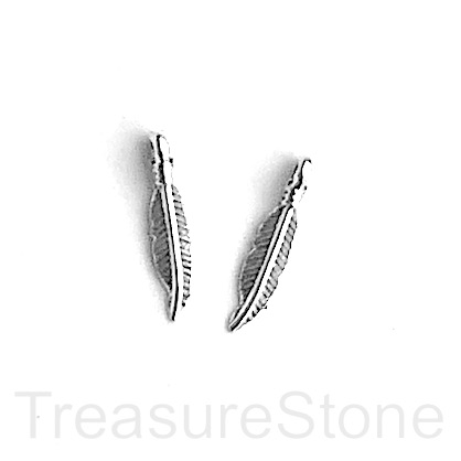 Charm/pendant, silver colored, 4x15mm feather. Pkg of 15