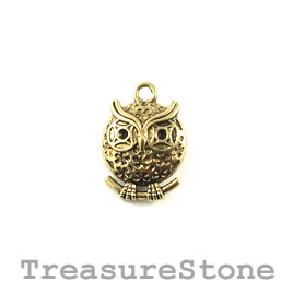 Charm/Pendant, gold-plated, 16mm owl. Pack of 8