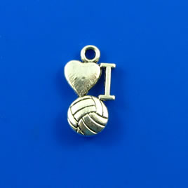 Charm, silver-finished, 10x14mm I love volleyball. Pkg of 10.