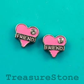 Floating charm, silver-finished,9mm heart "FRIEND",crystal.7 pcs