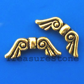 Bead, gold-finished, 8x20mm angel wings. Pkg of 8.