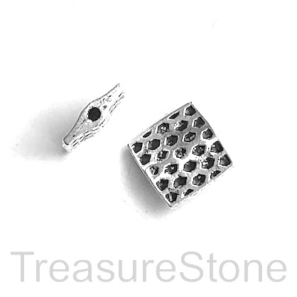 Bead, antiqued silver-finished, 12mm flat square. Pkg of 8
