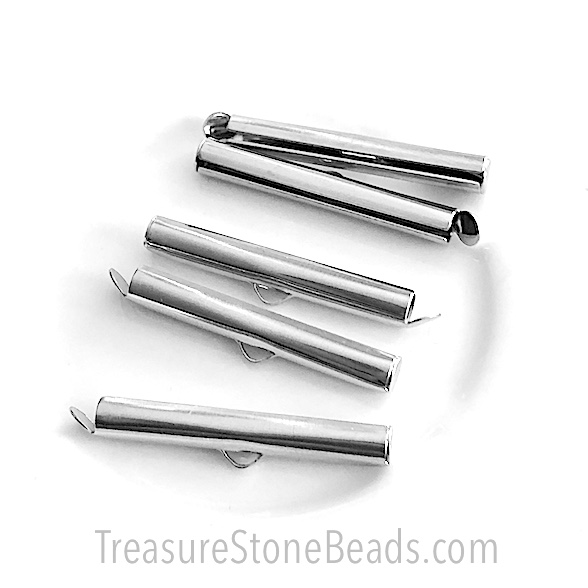Slide on end Clasp Tube, Steel, rhodium colour, 30x4mm. 8pc