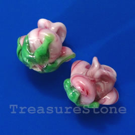 Bead, lampworked glass, 10x12mm flower, pink rose. Pkg of 2