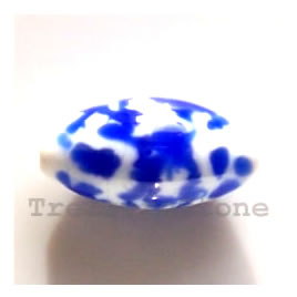 Bead, lampworked glass, white + blue, 11x18mm oval. Pkg of 3