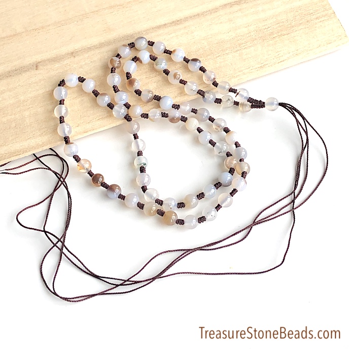 Agate Knotted beaded necklace cord, 22 inch, 6mm round 62pcs
