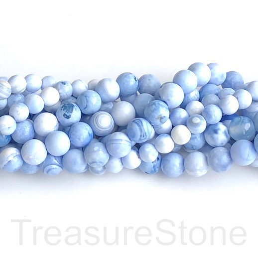Bead, agate (dyed), 6mm round, light blue, white. 15", 62pcs