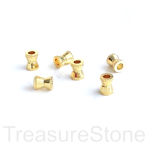 Bead, brass, gold plated, 6x8mm tube. large hole, 3mm, 2pcs