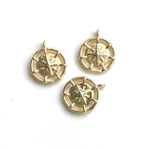 Brass Charm, pendant, 15mm gold compass, clear CZ. Ea